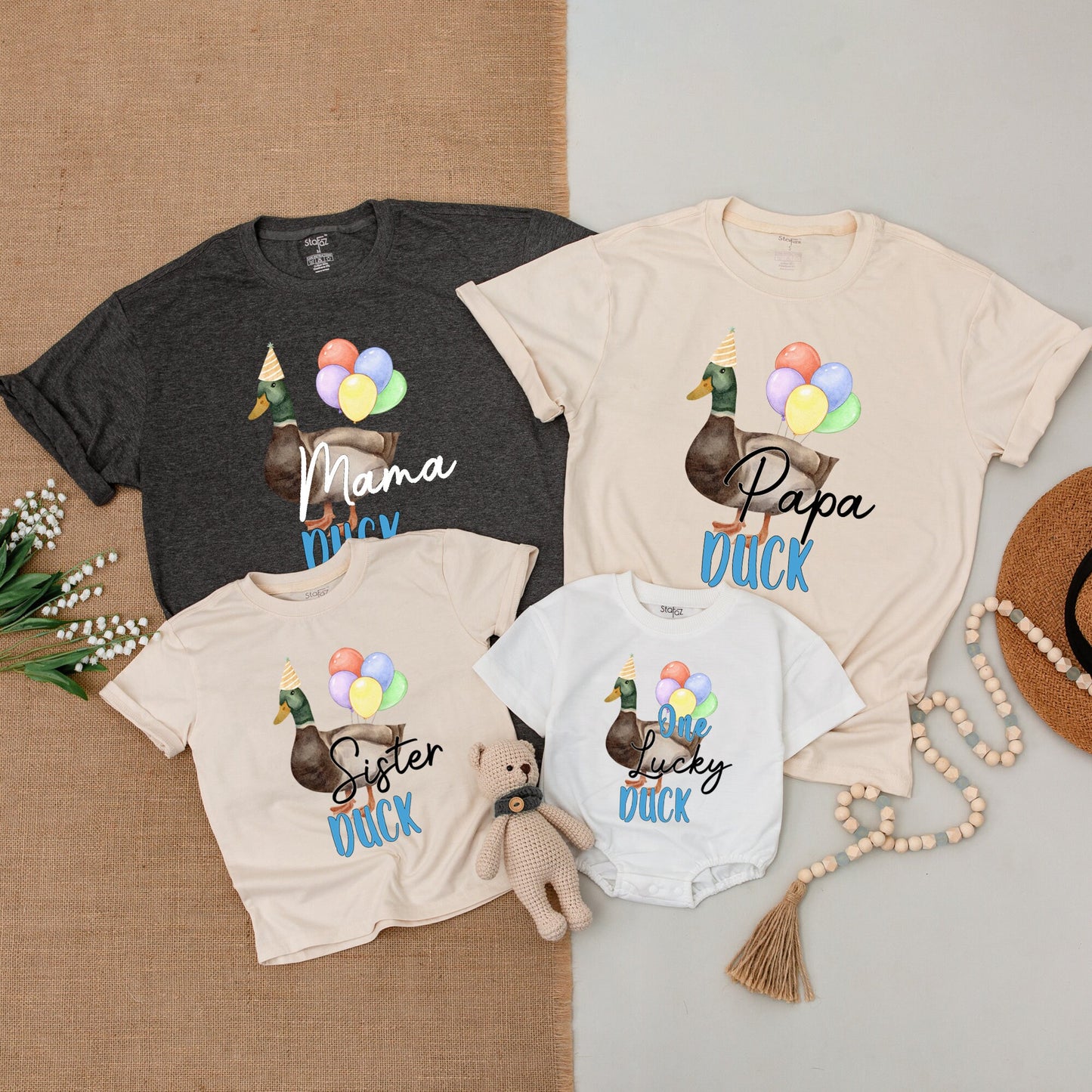 One Lucky Duck Birthday Matching Family Shirts, Cute Mallard Party Hat 1st Birthday Boy or Girl Outfit, Duck Lover Baby Bodysuit, Mommy and Me Clothes