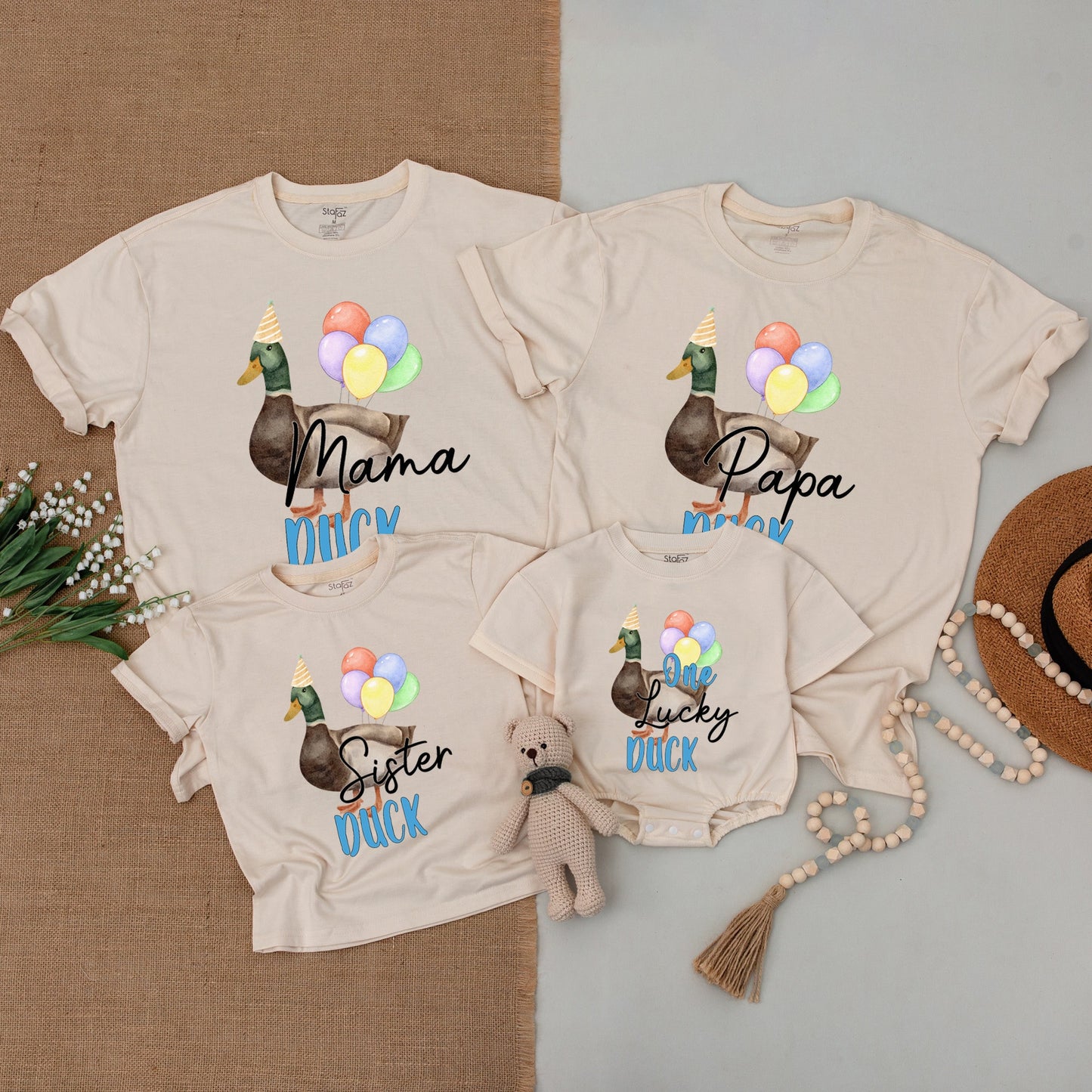 One Lucky Duck Birthday Matching Family Shirts, Cute Mallard Party Hat 1st Birthday Boy or Girl Outfit, Duck Lover Baby Bodysuit, Mommy and Me Clothes