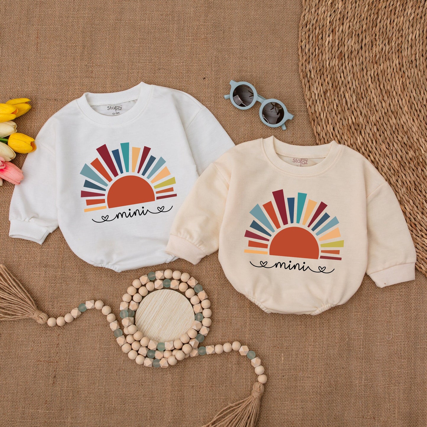Mini Sunshine Baby Romper Boho Sun Design Bubble Romper Little Sunshine Bodysuit Teal Orange Yellow Rays Minimalist Summer Outfit Gender Neutral Clothes (135 chars)