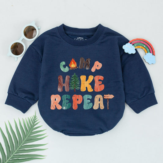 Retro Camp Hike Repeat Baby Romper Vintage Woodgrain Adventure Bodysuit Outdoor Lover Tiny Adventurer Outfit