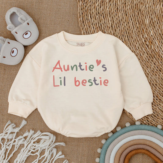 Auntie's Bestie Romper Cute Handwriting Font Baby Girl Boy Newborn Outfit Gift from Auntie Shower Present