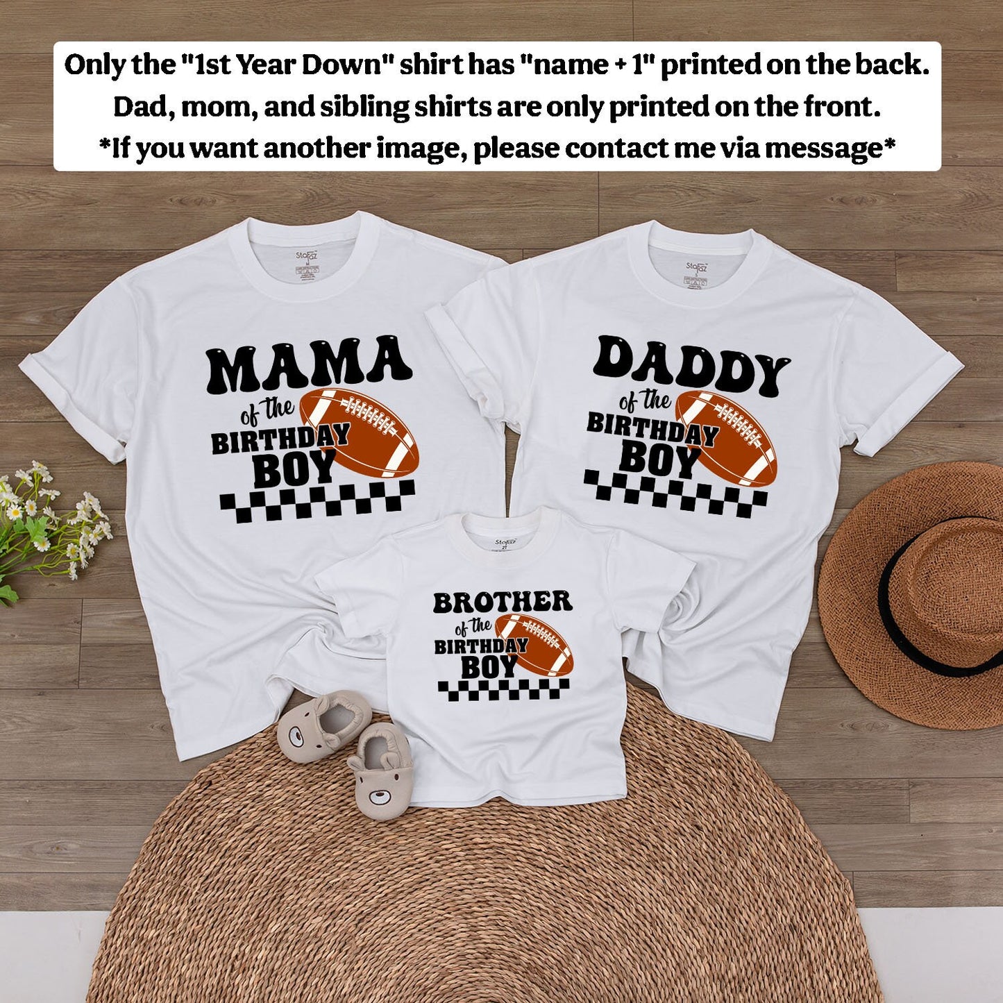 Personalized Football 1st Year Down Retro Checkered Baby Boy First Birthday Bodysuit for Family Matching Game Day Outfit with Child's Name
