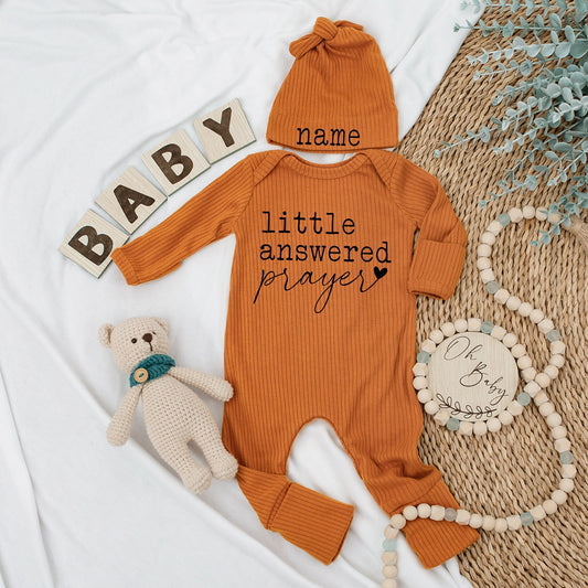 Little Answered Prayer Baby Bodysuit with Heart, Custom Name Newborn Gift, Baby Girl or Boy Announcement Outfit