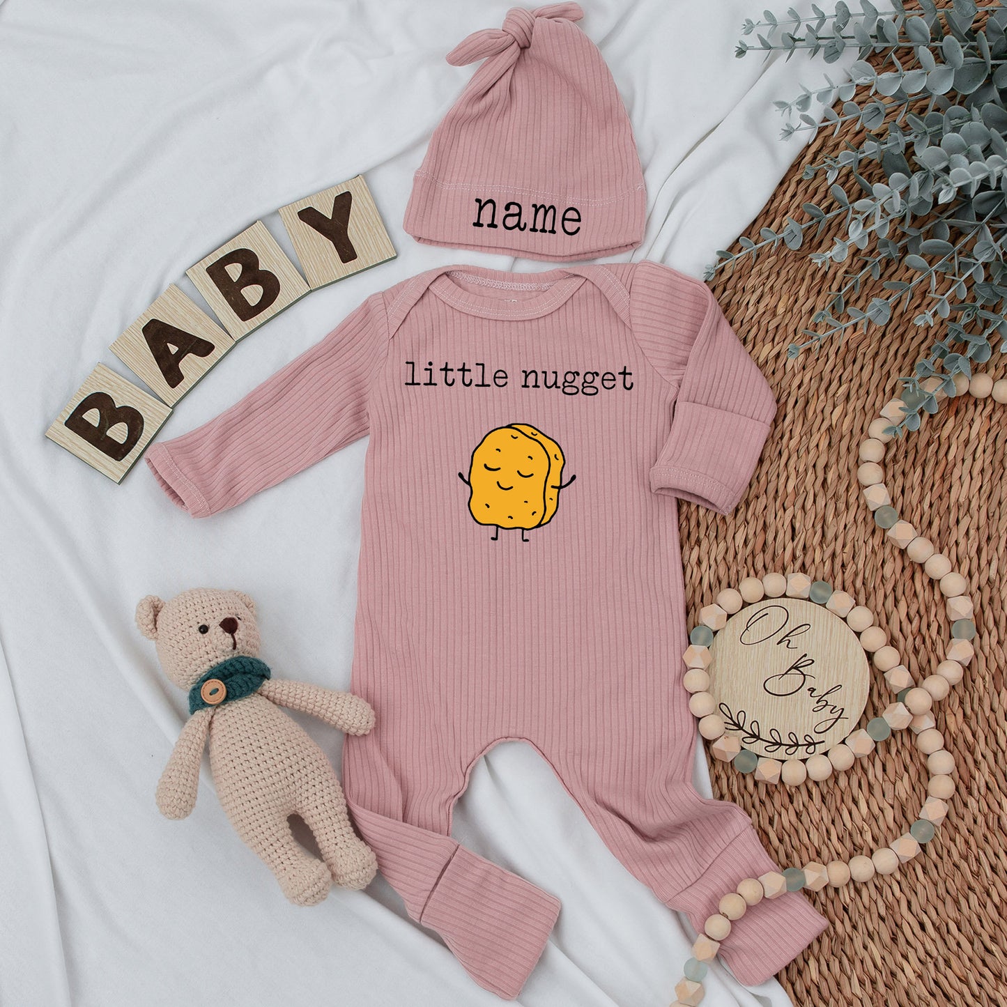 Little Nugget Chicken Baby Bodysuit and Hat Set Cute Outfit for Baby Announcements and Going Home Gifts