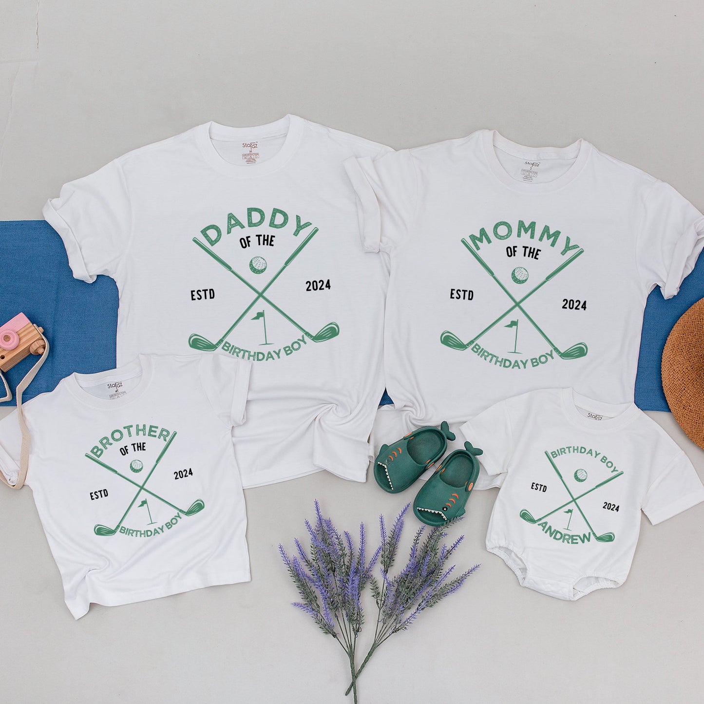 Daddy of the Birthday Boy Golf Shirt, 1st Birthday Outfit, Hole in One, 2024 Family Matching Tee, Light Green Design, ESTD, Andrew's Onesie (136 chars)