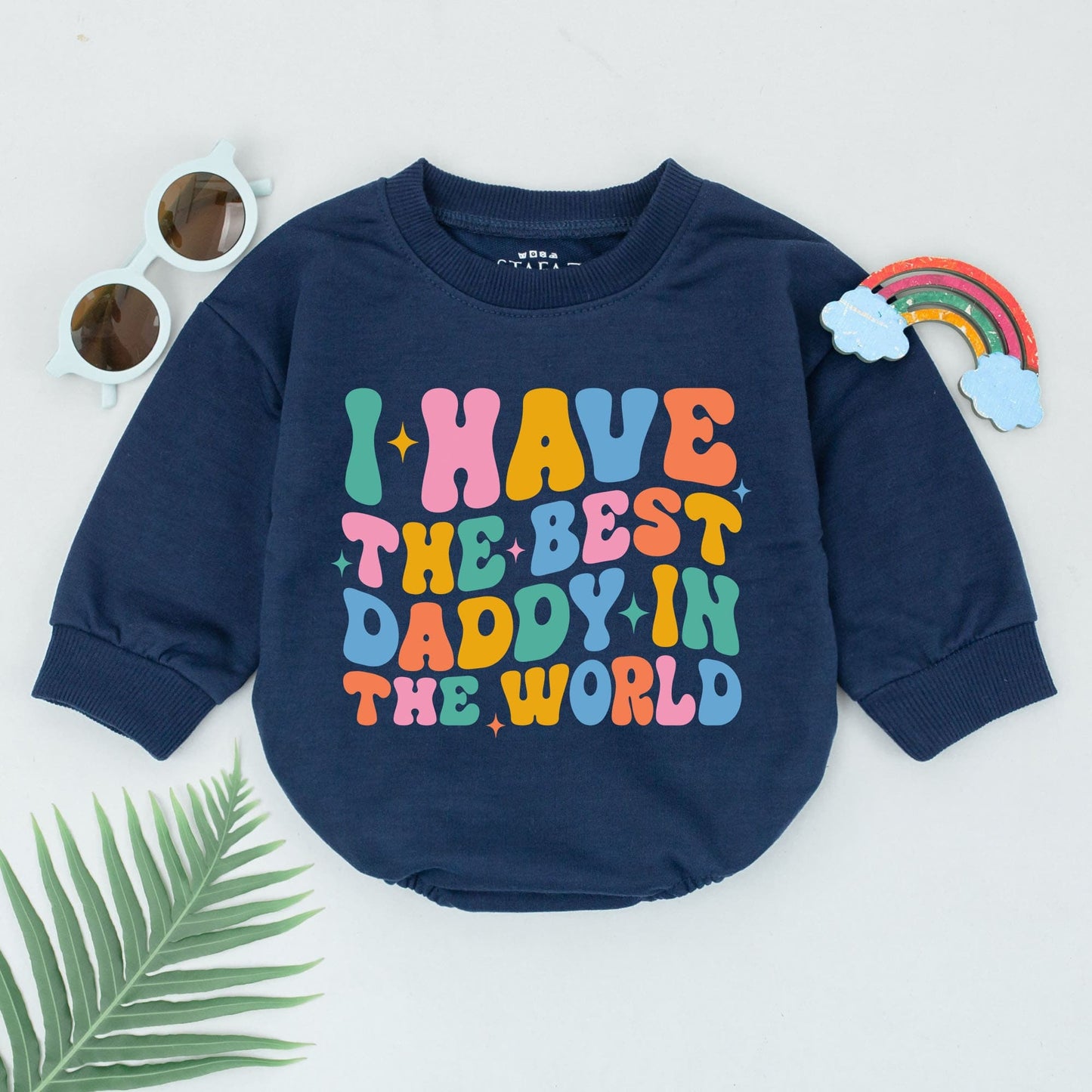 Daddy's Girl Baby Romper Wavy Retro Design with Bright Teal Pink Orange Blue Colors and Starbursts Perfect Father's Day Gift for Daughter