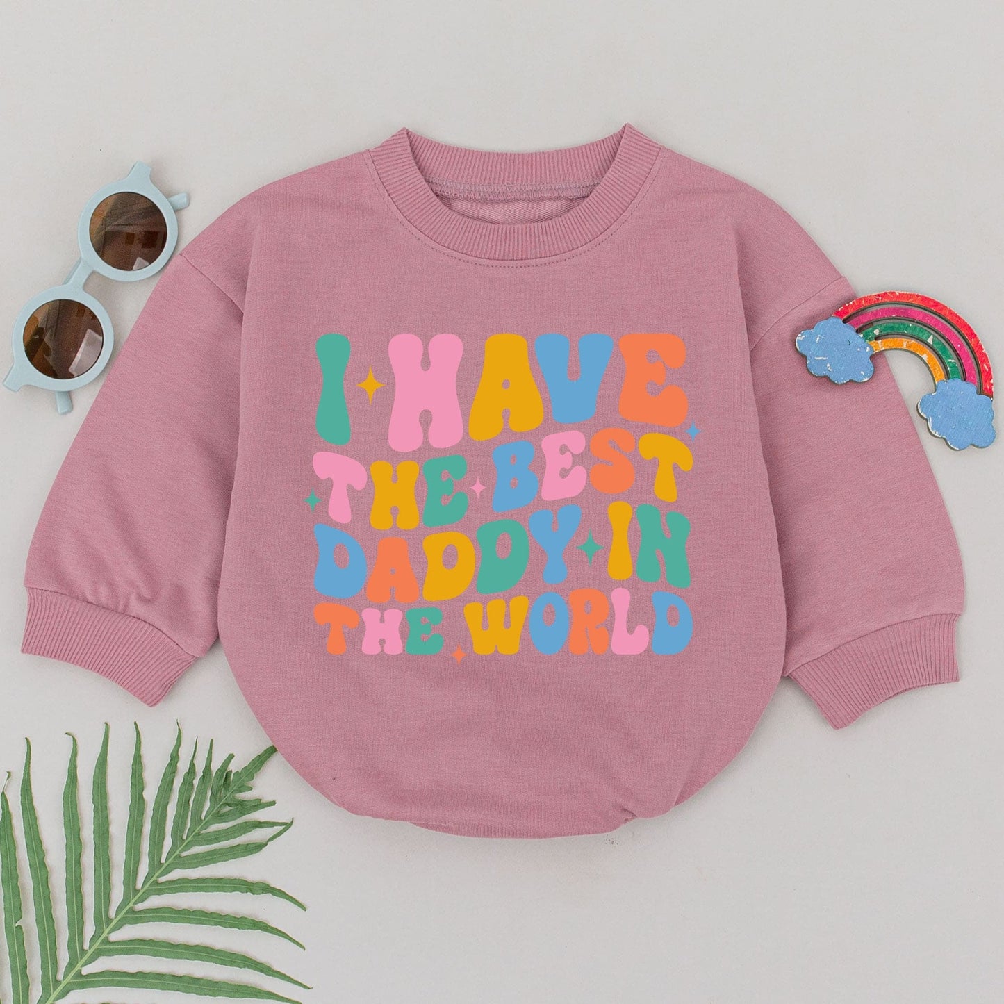 Daddy's Girl Baby Romper Wavy Retro Design with Bright Teal Pink Orange Blue Colors and Starbursts Perfect Father's Day Gift for Daughter