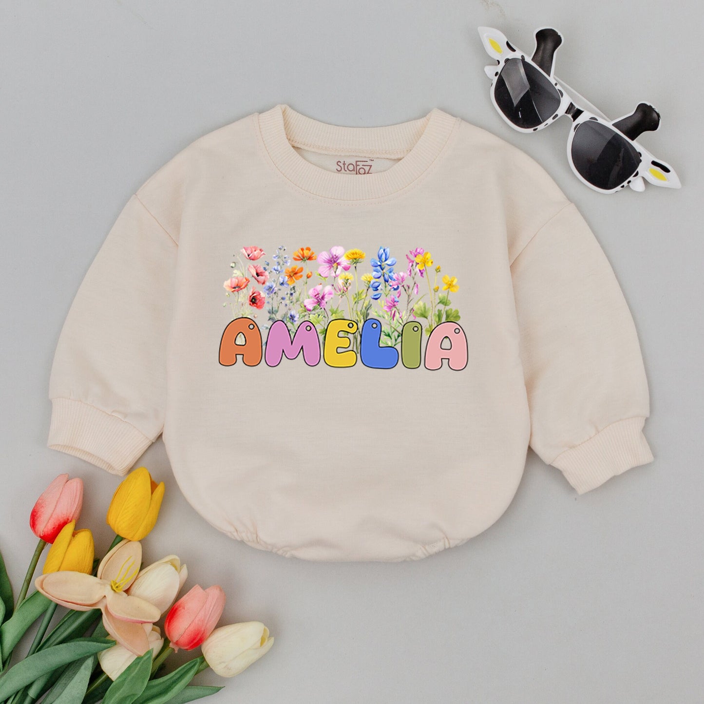Little Wildflower Boho Floral Name Bubble Romper Vintage Baby Shower Gift Newborn Coming Home Outfit