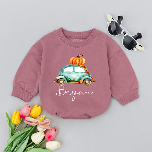 Personalized Boho Boy's Fall Tractor Romper, Watercolor Pumpkin Truck Baby Shower Gift, Newborn Boy Clothes, Cute Fall Outfit