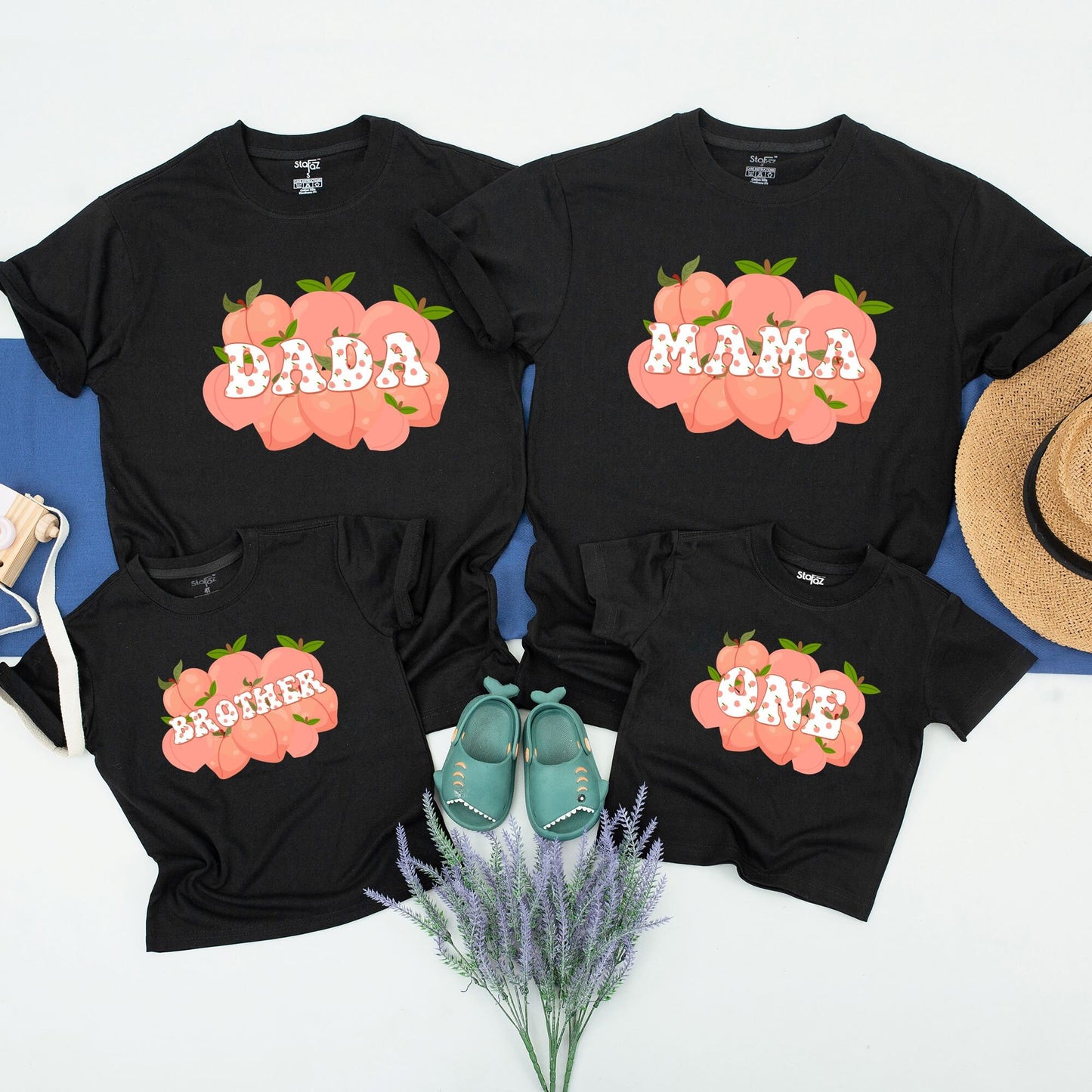 One Sweet Peach 1st Birthday Matching Family Shirts featuring puffy white polka dot letters like DADA MAMA BROTHER ONE Baby Girl Boy Outfit Cheerful Celebration
