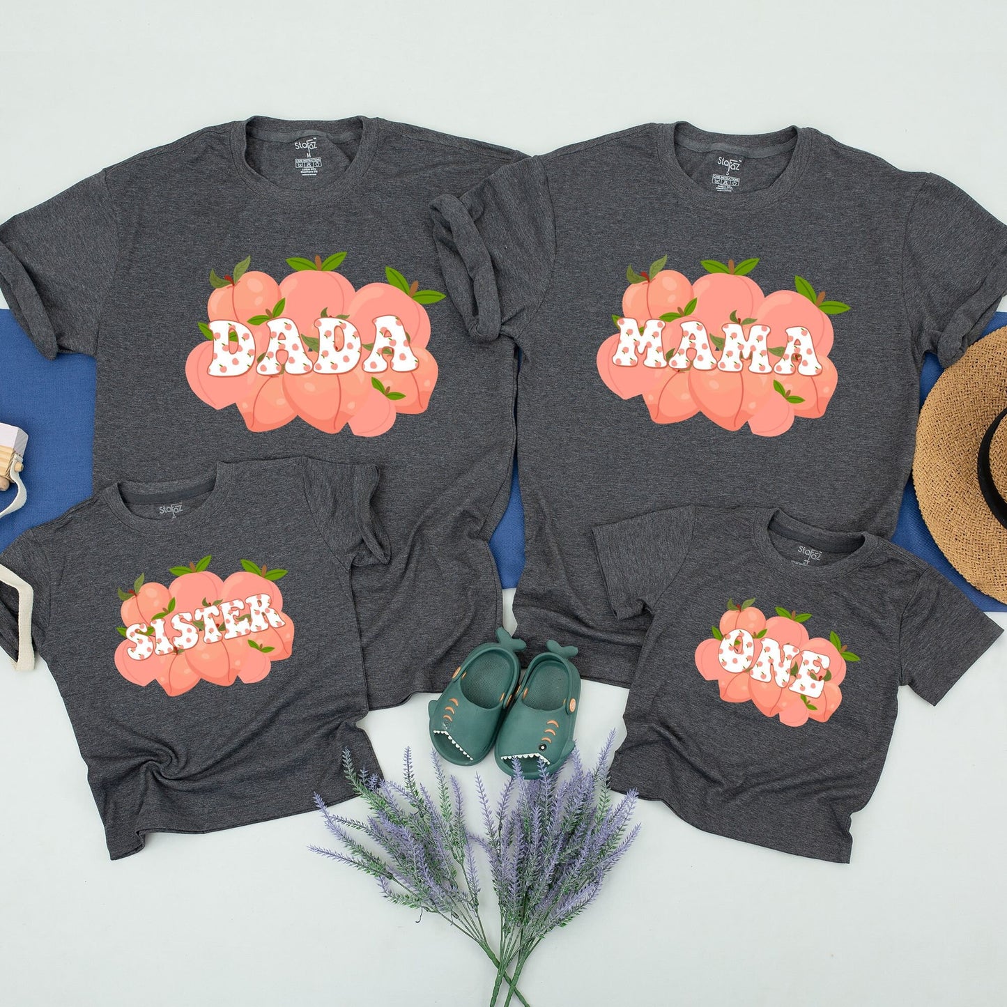 One Sweet Peach 1st Birthday Matching Family Shirts featuring puffy white polka dot letters like DADA MAMA BROTHER ONE Baby Girl Boy Outfit Cheerful Celebration