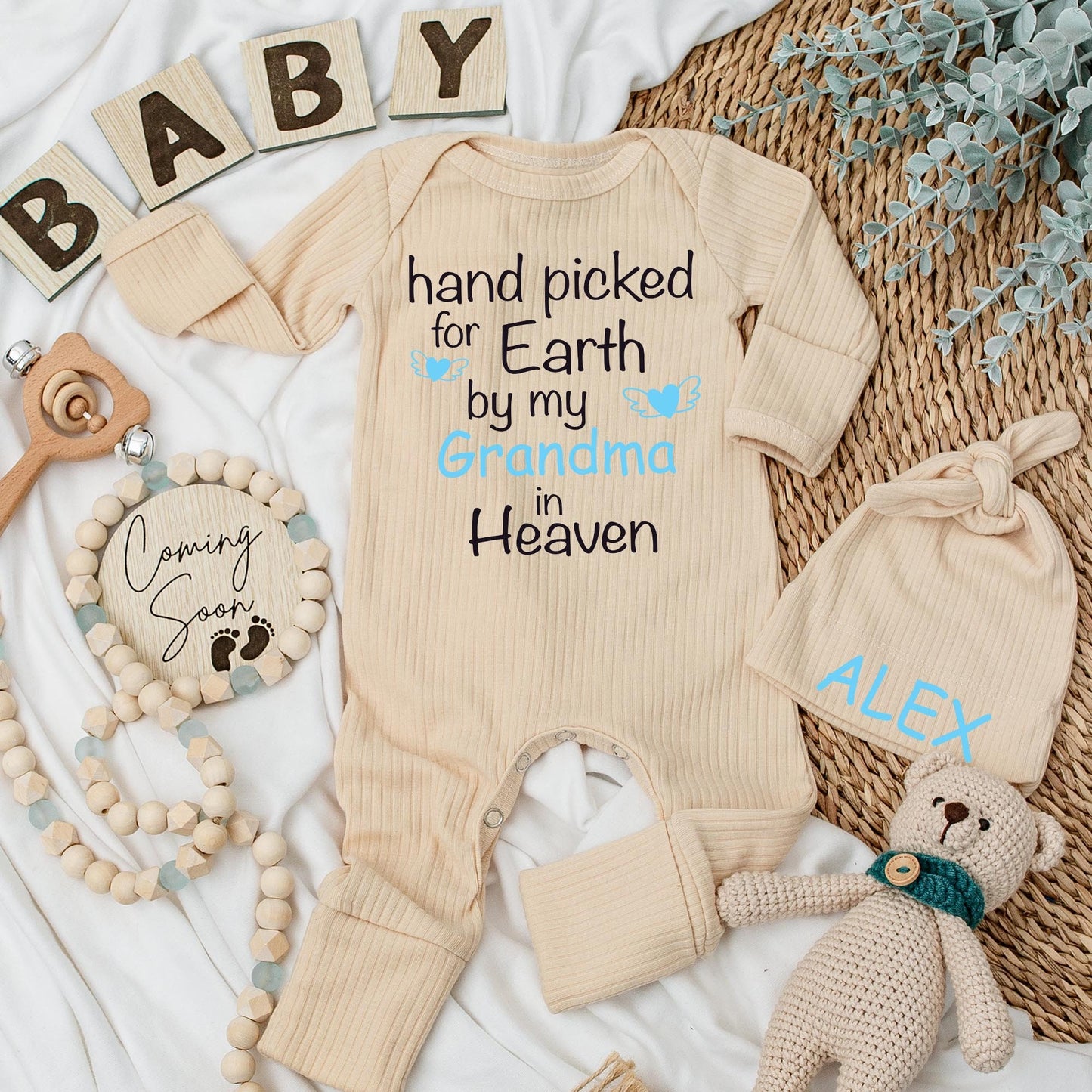 Hand Picked for Earth by My Grandma in Heaven Baby Bodysuit Sweet Sentimental Gift Soft Cotton Pregnancy Announcement Newborn Clothes Light Blue Heart Wings