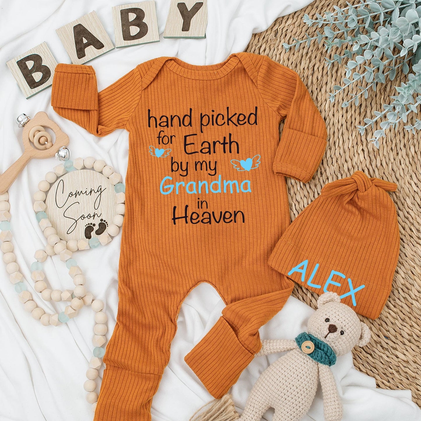 Hand Picked for Earth by My Grandma in Heaven Baby Bodysuit Sweet Sentimental Gift Soft Cotton Pregnancy Announcement Newborn Clothes Light Blue Heart Wings