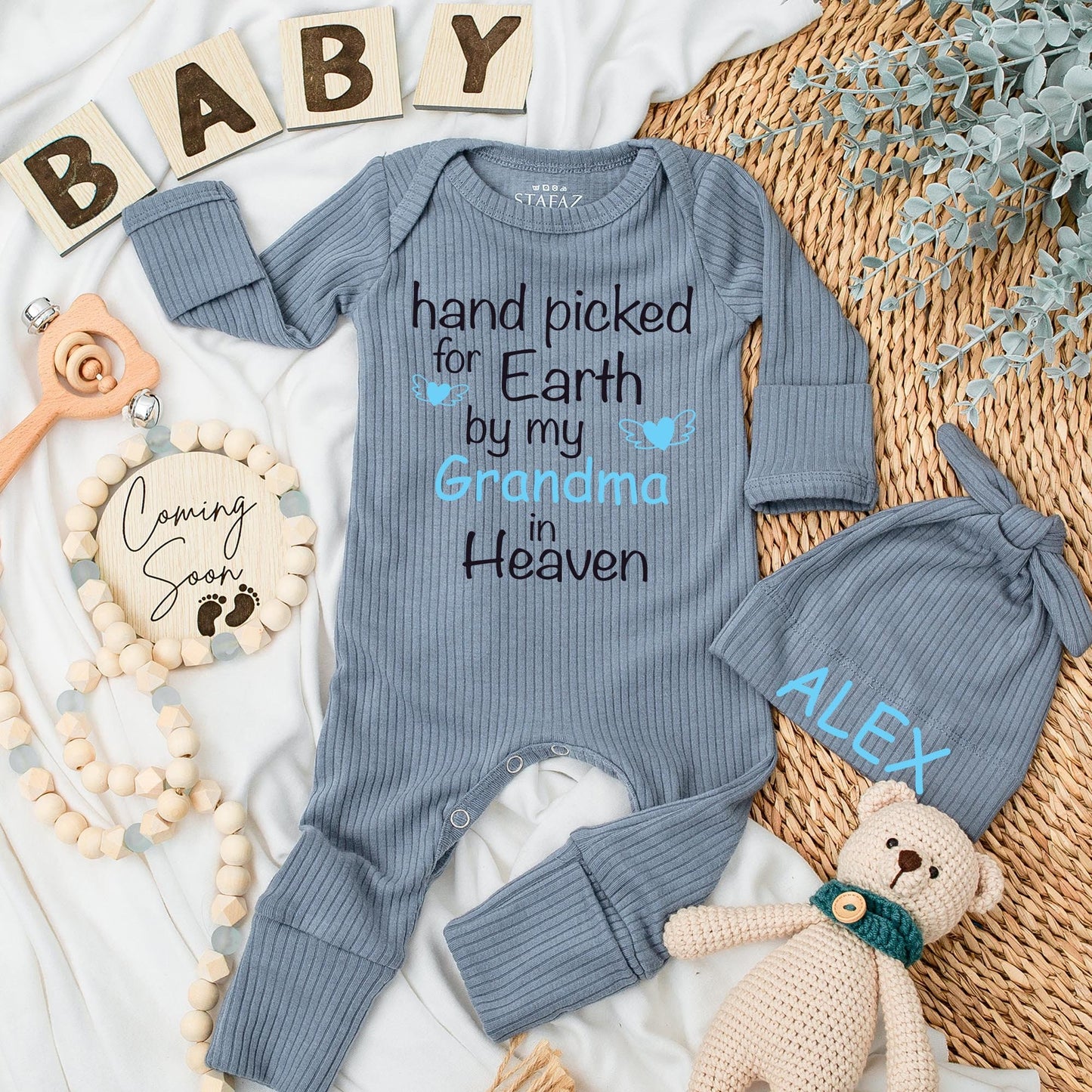 Hand Picked for Earth by My Grandma in Heaven Baby Bodysuit Sweet Sentimental Gift Soft Cotton Pregnancy Announcement Newborn Clothes Light Blue Heart Wings