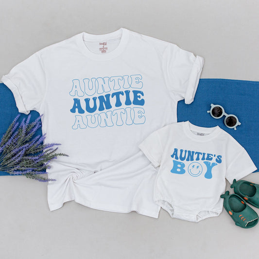 Personalized Matching Auntie and Auntie's Boy Shirts Blue Bubbly Retro Style Nephew Toddler Gift Outfit with Playful Smiley Lightning Design
