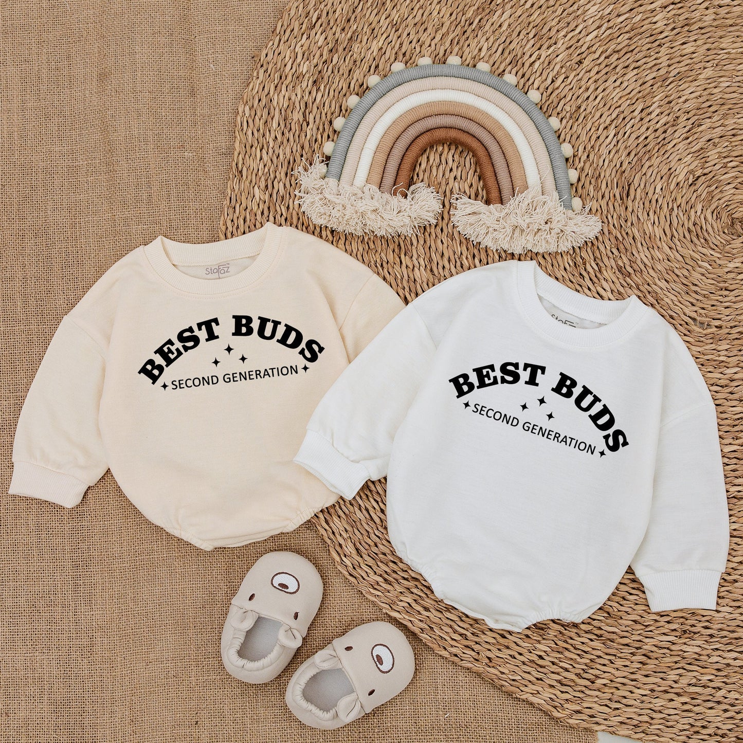 Best Buds Second Generation Romper Baby Matching Outfit Black Text Star Design Baby Girl Gift Newborn Announcement