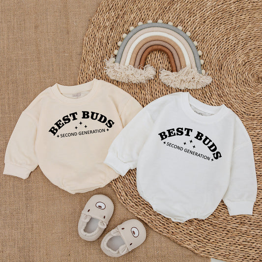 Best Buds Second Generation Romper Baby Matching Outfit Black Text Star Design Baby Girl Gift Newborn Announcement