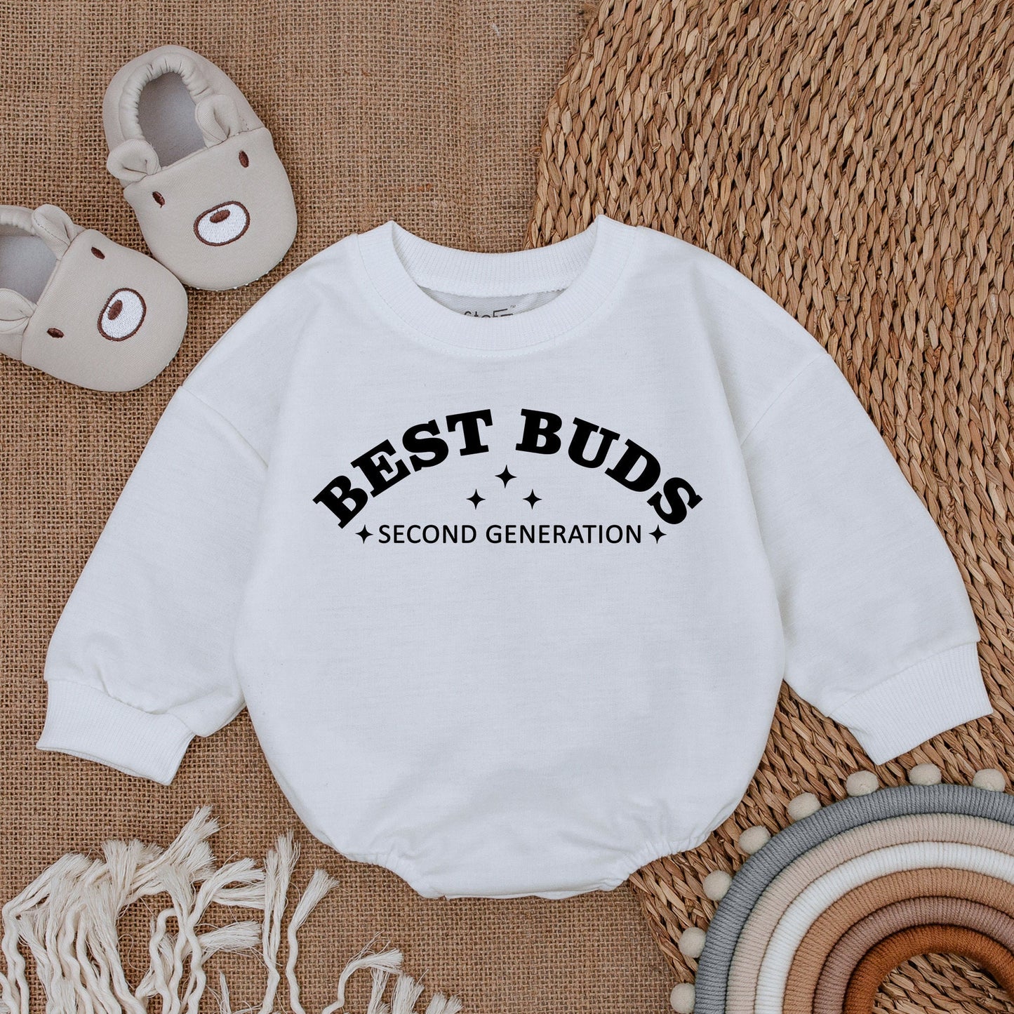 Best Buds Second Generation Romper Baby Matching Outfit Black Text Star Design Baby Girl Gift Newborn Announcement