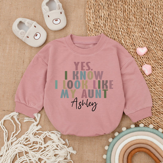 Custom Auntie Baby Romper "I Look Like My Aunt" Modern Playful Text Ashley Pink Green Teal Newborn Infant Gift Pregnancy Announcement Clothes