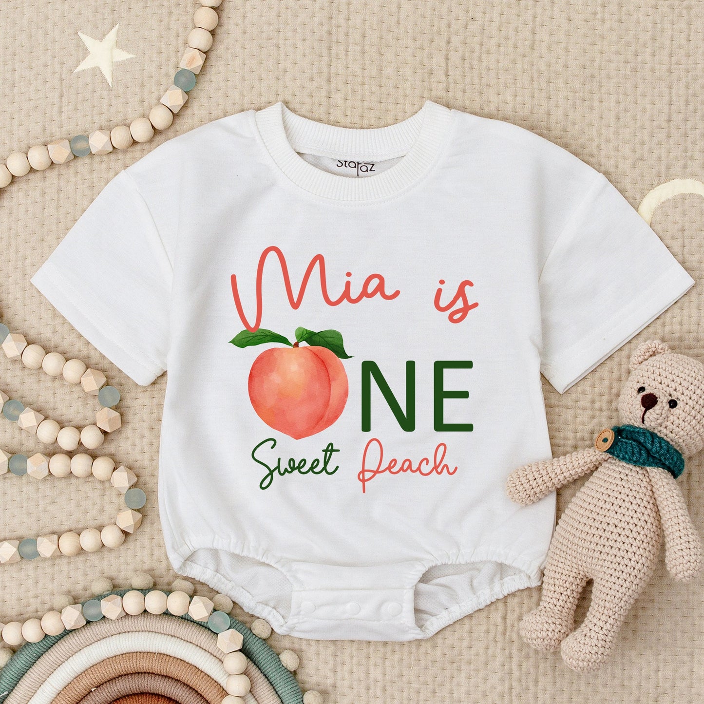 Mia is ONE Sweet Peach Baby Romper Cute Peach 1st Birthday Outfit Girl Peach Baby Shower Gift Toddler Girl Clothes