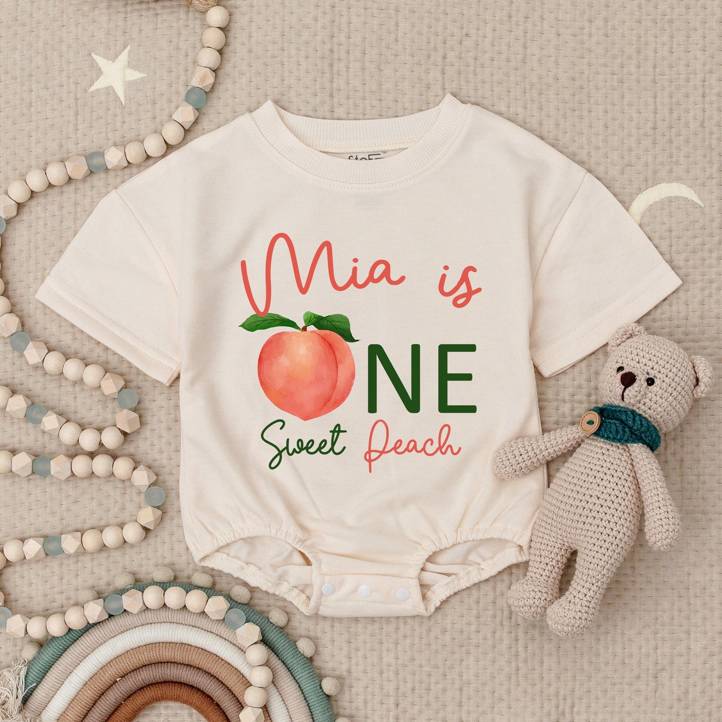 Mia is ONE Sweet Peach Baby Romper Cute Peach 1st Birthday Outfit Girl Peach Baby Shower Gift Toddler Girl Clothes