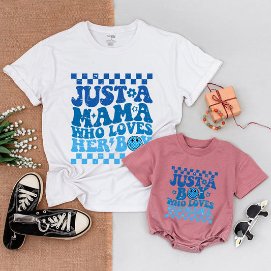 Mama and Son Matching Retro Blue Checkerboard Shirts Mamas Boy Outfits First Mother Day Baby Bodysuit Playful Distressed Star Flower