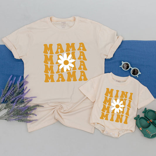 Mama Mini Daisy Matching Shirts Retro Golden Yellow 70s Floral Mom Daughter Baby Outfit Set Comfortable Soft Cotton