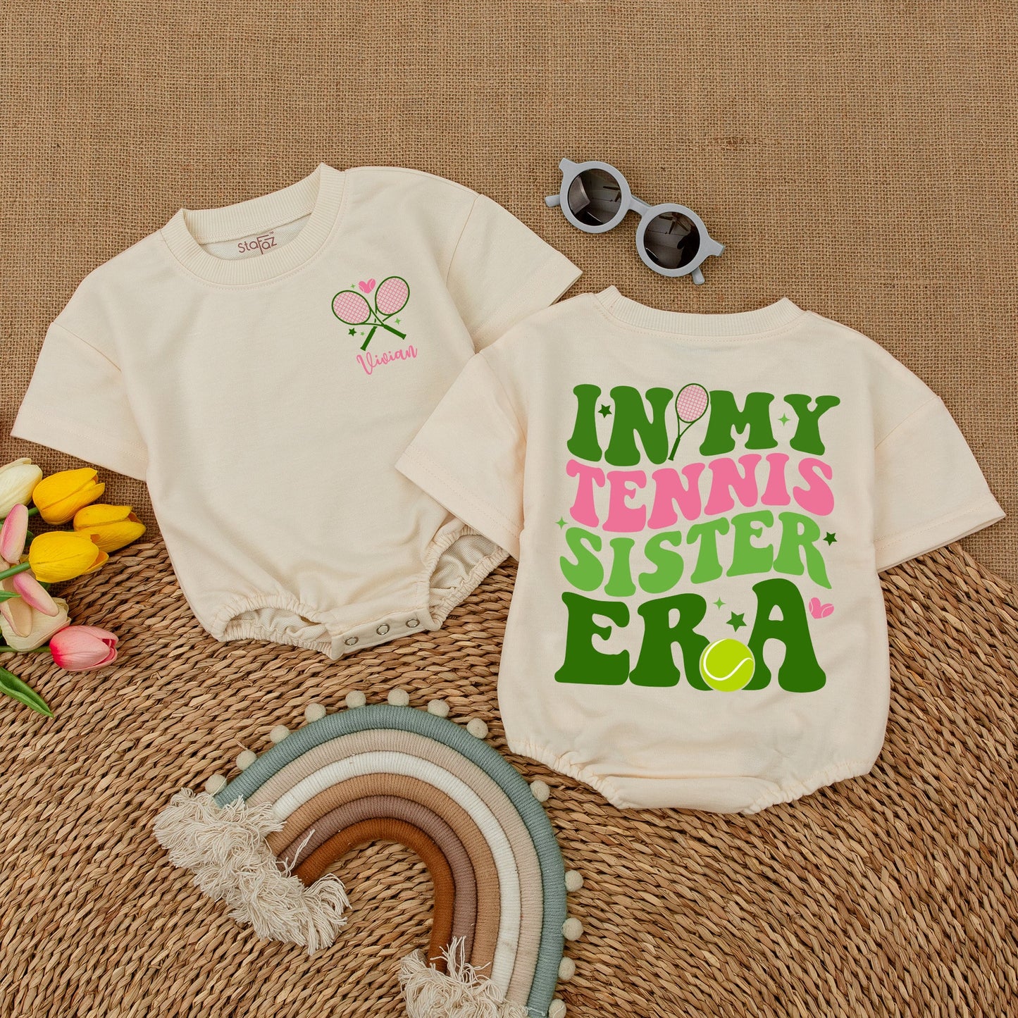 Custom Tennis Sister Romper Baby Girls Toddler T-Shirt Big Sister Era Bodysuit Toddler Girl Outfit Tennis Announcement