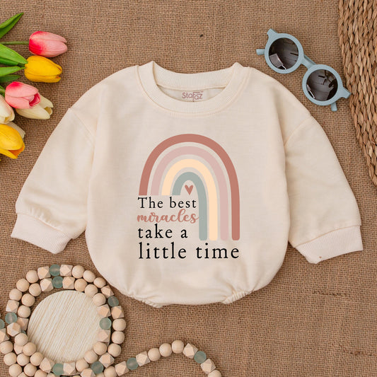 Sweet Rainbow Baby Romper The Best Miracles Take a Little Time IVF Miracle Baby Bodysuit Shower Gift Tan Teal