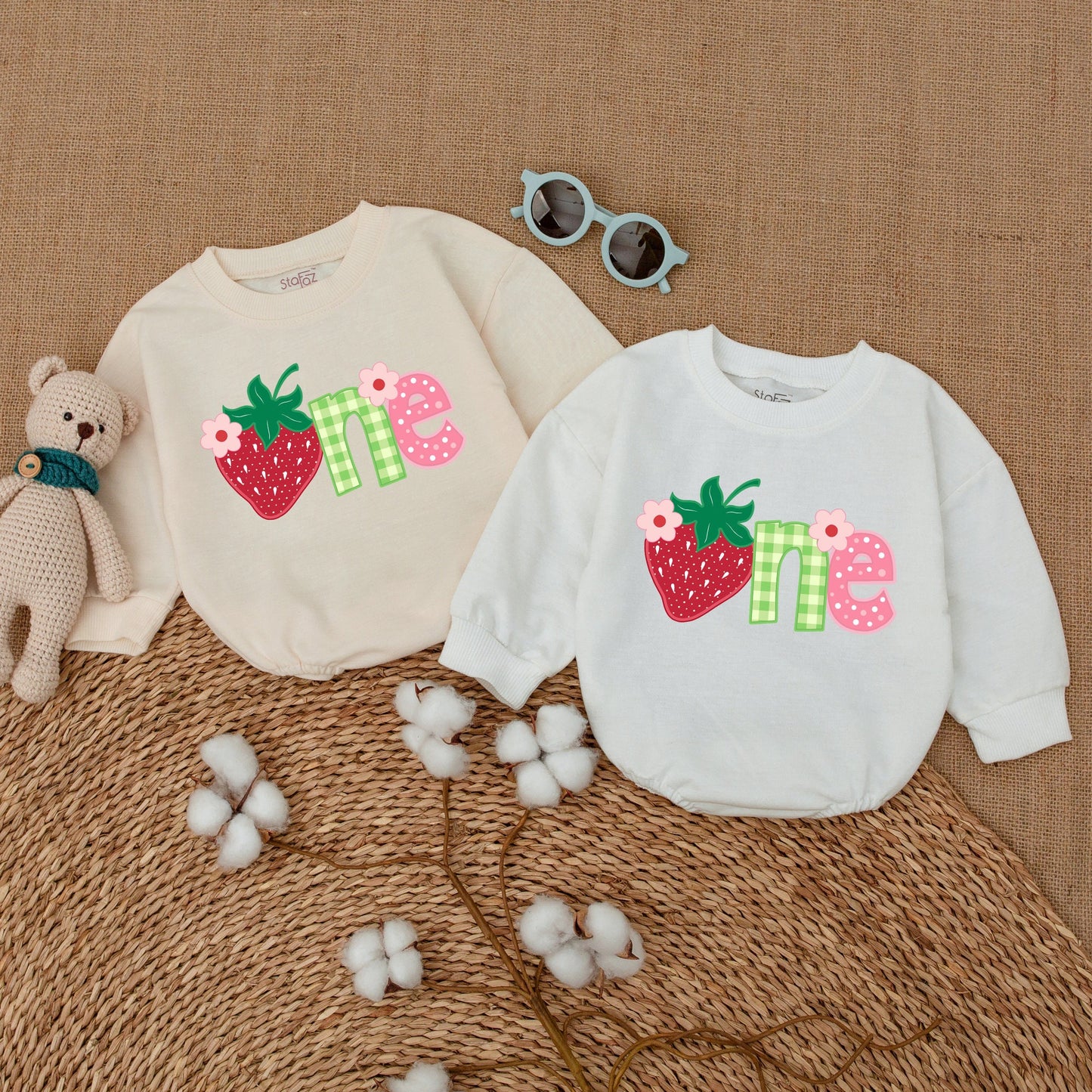 Baby Girl Sweet One Strawberry First Birthday Bubble Romper Smash Cake Outfit with Playful Berry Gingham Polka Dot Floral Design