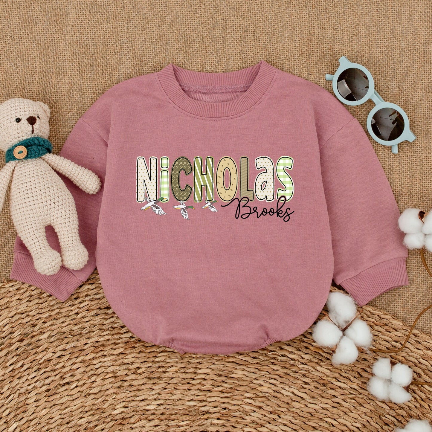 Personalized Nicholas Brooks Duck Romper, Mallard Duckling Baby Bodysuit, Custom Name Duck Hunting Outfit, Funny Animal Baby Shower Gift