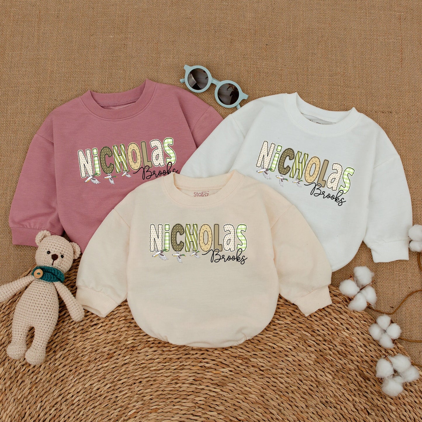 Personalized Nicholas Brooks Duck Romper, Mallard Duckling Baby Bodysuit, Custom Name Duck Hunting Outfit, Funny Animal Baby Shower Gift