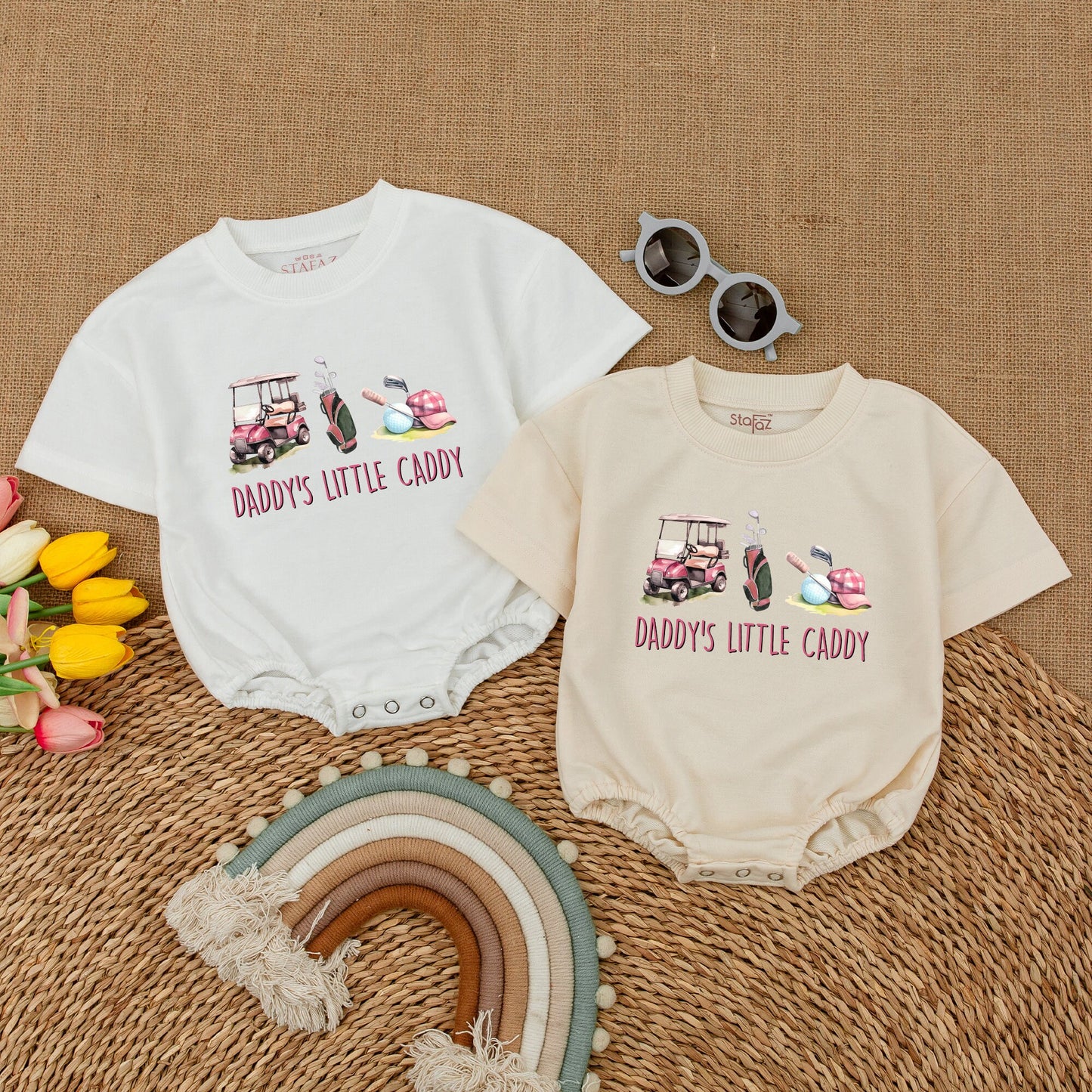 Daddy's Little Caddy Golf Romper: Cute Pink Cart & Clubs Baby Bodysuit for Future Golfer Girl, Baby Shower Gift, Comfy Short Sleeve Outfit (139 chars)