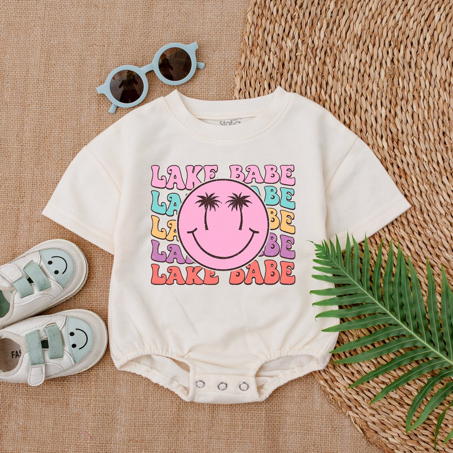Lake Babe Baby Girl Romper Summer Outfit with Smiley Face Rainbow Pastel Design Baby Shower Gift New Baby Clothes