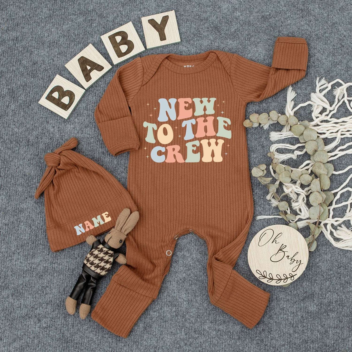 Custom New to the Crew Bodysuit & Hat Set Retro Multi-Color Graphic Baby Romper Outfit Newborn Gift