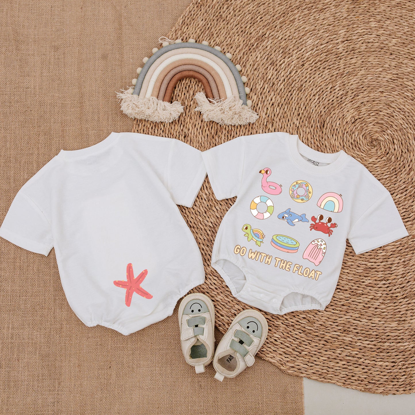 Whimsical Summer Beach Baby Girl Bubble Romper with Playful Designs Flamingo Donut Rainbow Whale Crab Turtle Popsicle GO WITH THE FLOAT Starfish Outfit New Baby Shower Gift