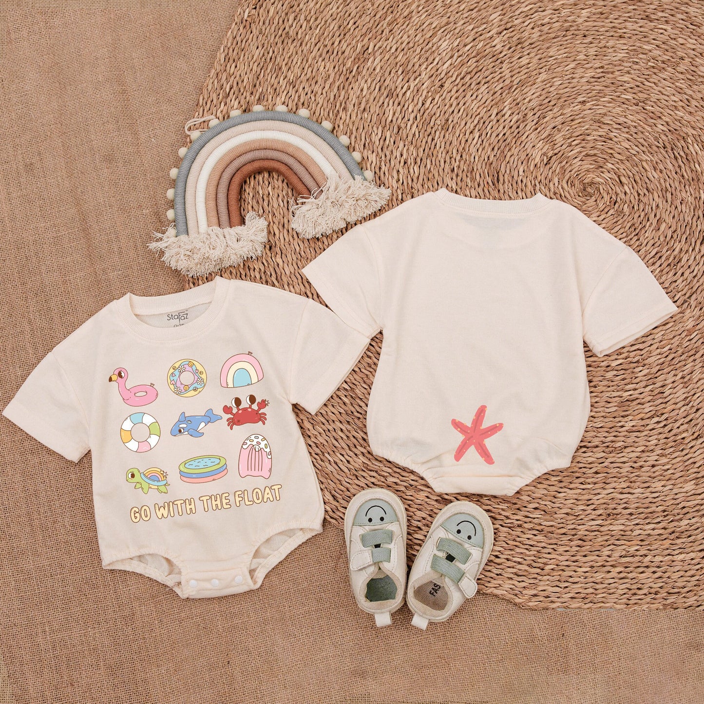 Whimsical Summer Beach Baby Girl Bubble Romper with Playful Designs Flamingo Donut Rainbow Whale Crab Turtle Popsicle GO WITH THE FLOAT Starfish Outfit New Baby Shower Gift