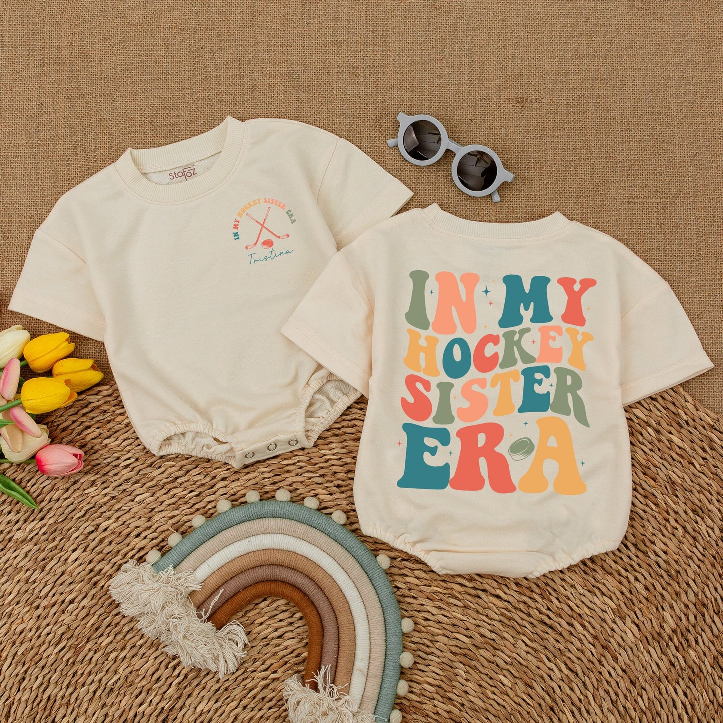 In My Hockey Sister Era Custom Romper for Baby Girl & Toddler Shirt, Hockey Sticks & Puck Design, Comfy Cotton Outfit, Baby Shower Gift