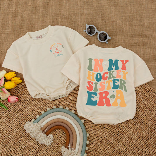 In My Hockey Sister Era Custom Romper for Baby Girl & Toddler Shirt, Hockey Sticks & Puck Design, Comfy Cotton Outfit, Baby Shower Gift