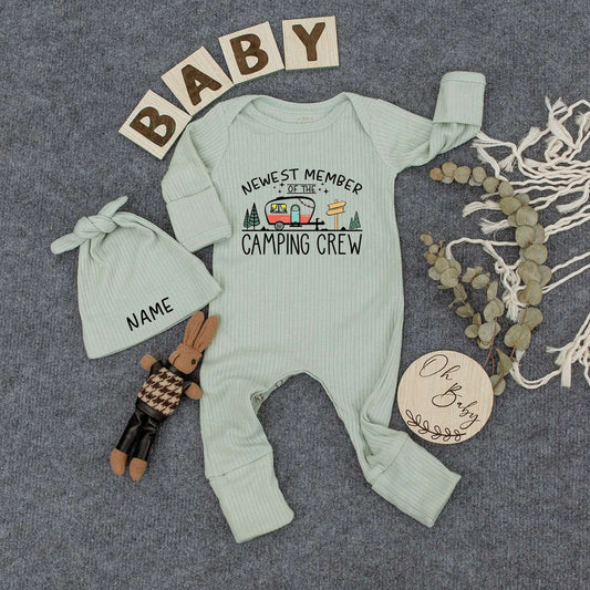 Newest Camping Crew Personalized Baby Bodysuit Retro Camper Outfit, Custom Name Infant Romper, Vintage Kid Gift, Earth Tone Starbursts, Boho Style 138