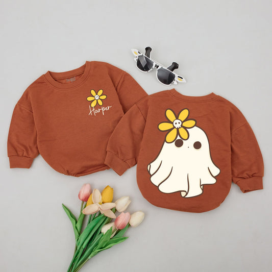 Personalized Harper Baby Romper Cute Yellow Flower Skull Halloween Toddler Bodysuit Newborn Fall Gift 138 Chars