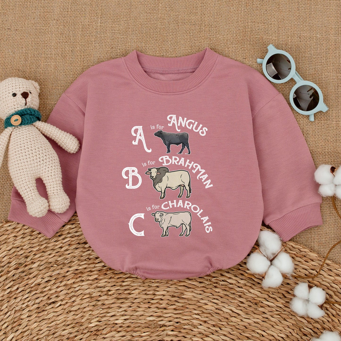 Cow Alphabet Baby Romper Cute Farm Animal ABC Angus Brahman Charolais Newborn Bubble Gift