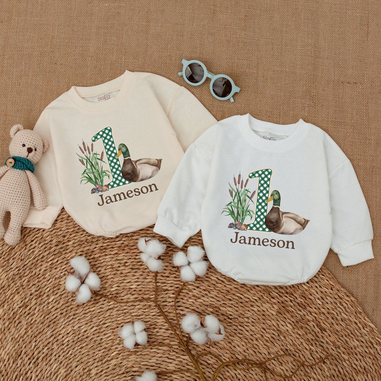 One Lucky Duck Birthday Romper Watercolor Mallard Duckling with Gingham "1" Whimsical Rustic Baby Clothes Infant Gift 136