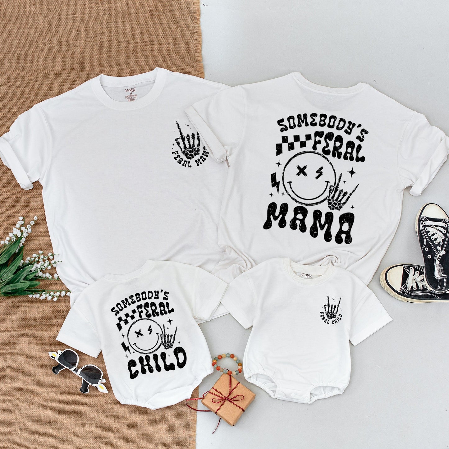 Somebodys Feral Mama Shirt Feral Child Bodysuit Matching Family Outfits Wild Mom Baby Clothes Rock On Skeleton Hand Stars