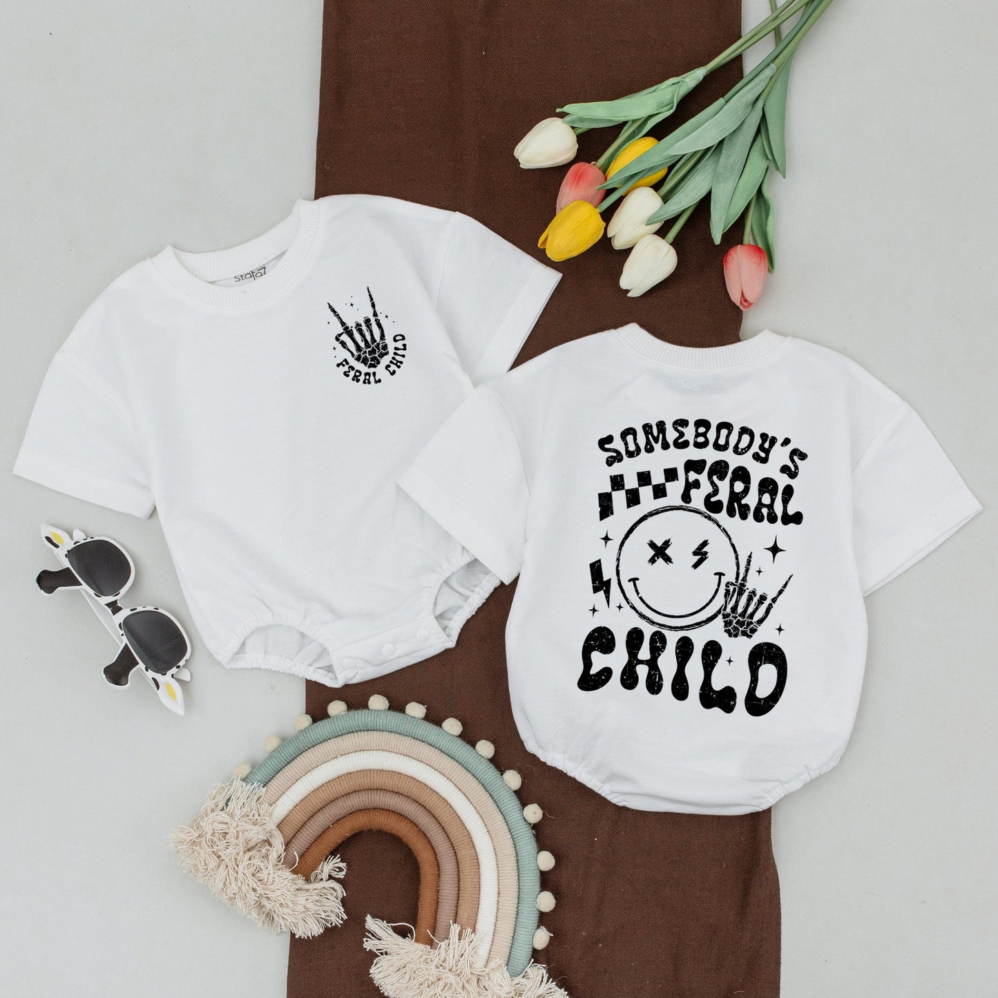 Somebodys Feral Mama Shirt Feral Child Bodysuit Matching Family Outfits Wild Mom Baby Clothes Rock On Skeleton Hand Stars