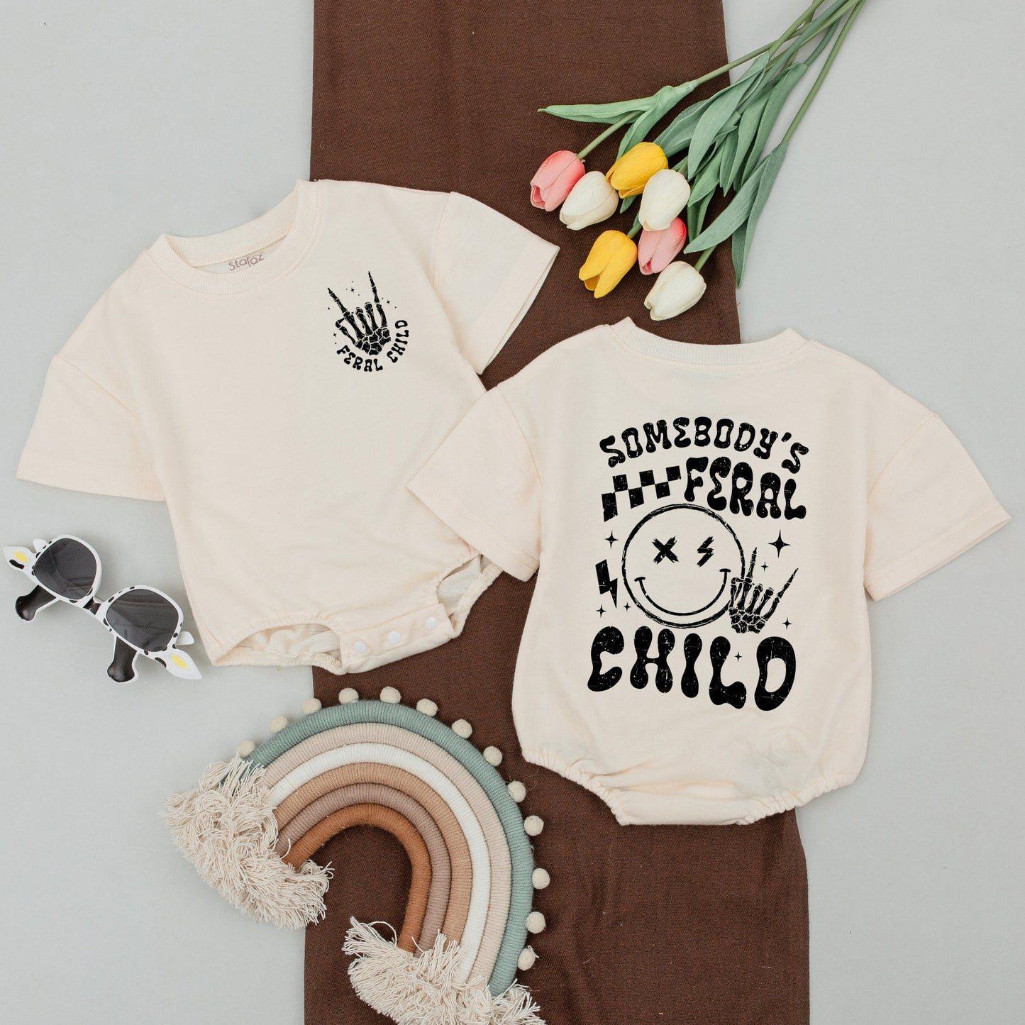 Somebodys Feral Mama Shirt Feral Child Bodysuit Matching Family Outfits Wild Mom Baby Clothes Rock On Skeleton Hand Stars