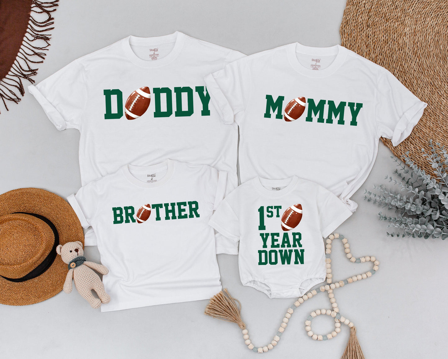 First Birthday Football Tee Daddy Mommy Brother Matching Family Outfit Green Block Letters Realistic Football Accents Playful Sporty Style