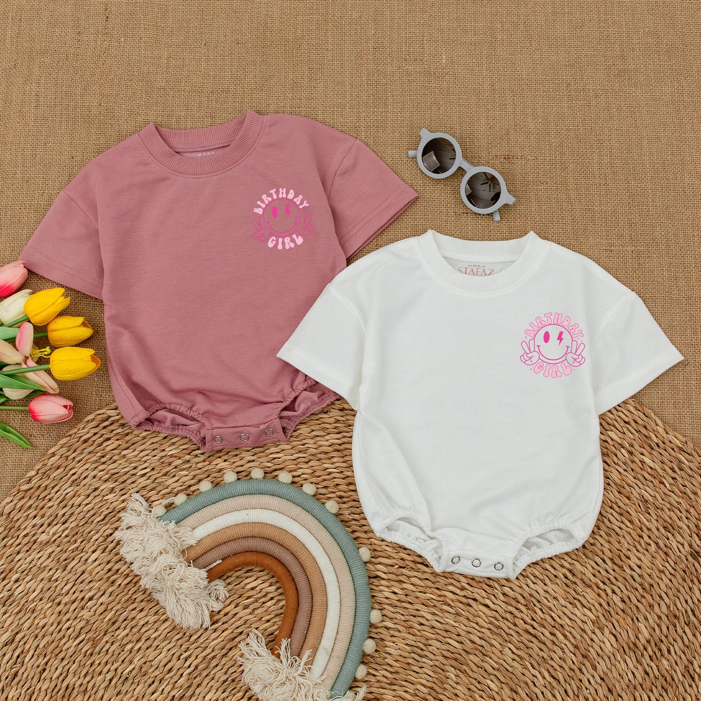 Retro Birthday Girl Romper Smiley Face Peace Sign Lightning Bolts Pink Retro Vibe Baby Bodysuit First Birthday Outfit Cake Smash