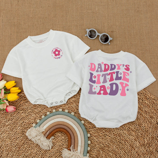 Custom Daddy's Little Lady Romper Retro Floral Stars Toddler Girl Bodysuit Baby Girl Outfit First Birthday Gift