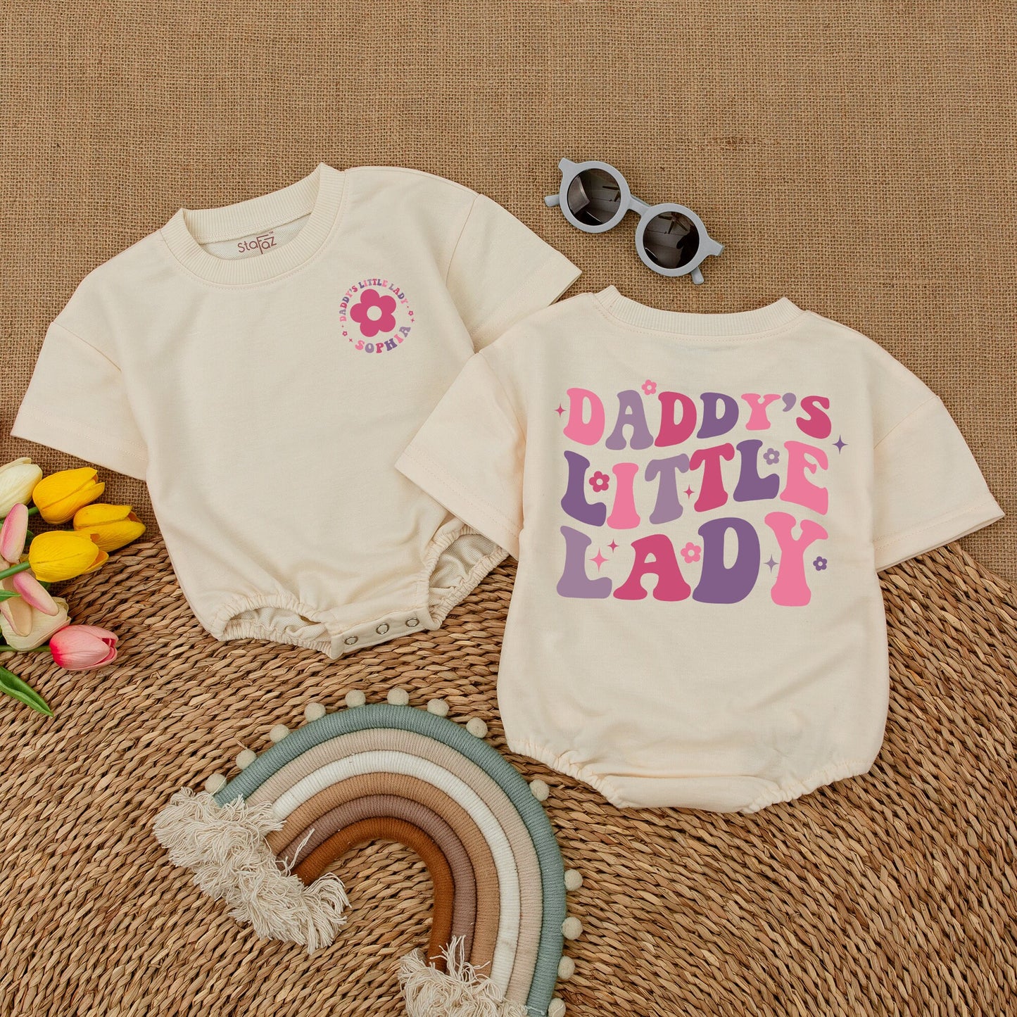 Custom Daddy's Little Lady Romper Retro Floral Stars Toddler Girl Bodysuit Baby Girl Outfit First Birthday Gift